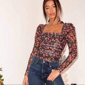 Real Romance Black Floral Print Ruched Mesh Long Sleeve Bodysuit